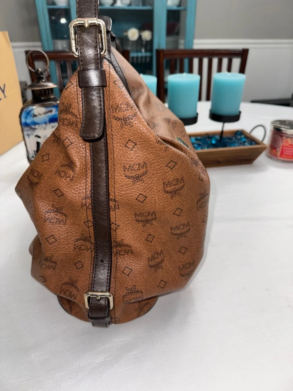 MCM MCM Visetos Hobo Bag Cognac Brown Logo-Print Shoulder Bag - EUC - Picture 10 of 13